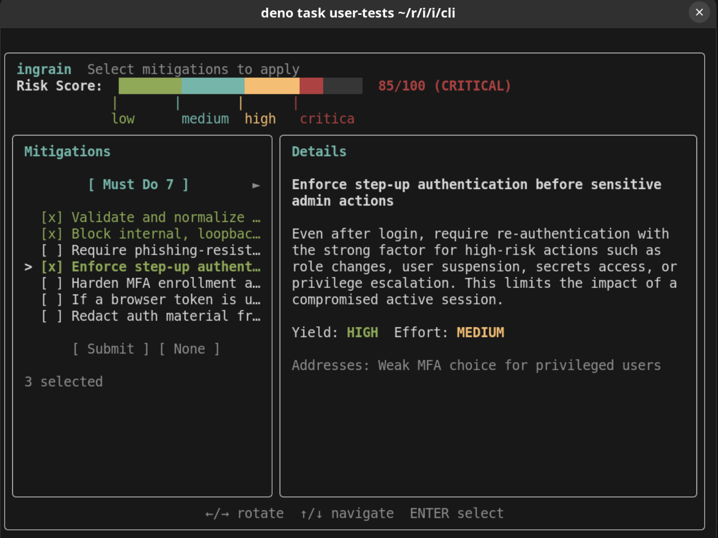 Choosing mitigations in the Ingrain TUI