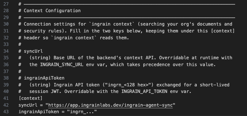 A user-level conf.toml with a filled [context] section, showing syncUrl and ingrainApiToken