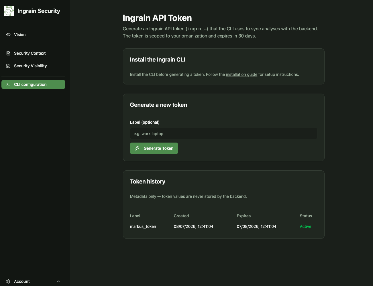 The Ingrain API Token page, showing the Generate a new token form and the token history table